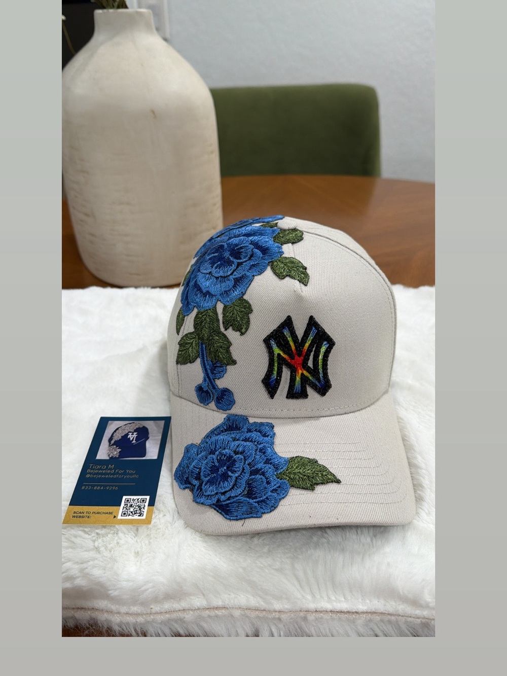 New Era White SnapBack hat with Blue Floral Embroidery and Multicolor NY Logo